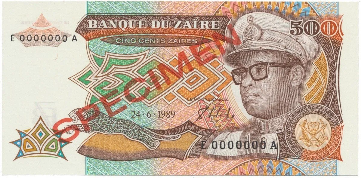 Zaire, 500 Zaires 1989, anulát - SPECIMEN, P.34s