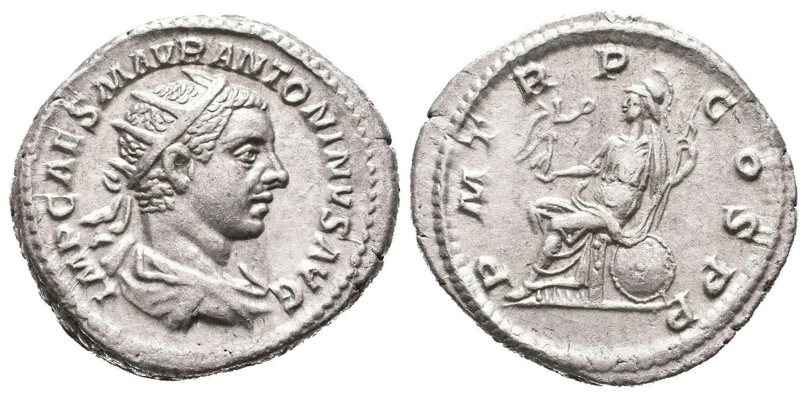 Antoninian, 218, Rv: P M TR P COS P P, sedící Roma zleva drží žezlo — 1