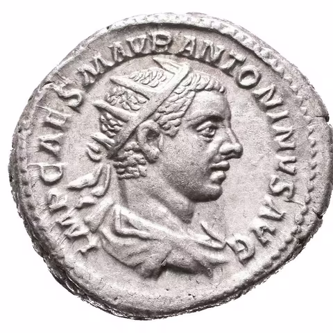 Antoninian, 218, Rv: P M TR P COS P P, sedící Roma zleva drží žezlo