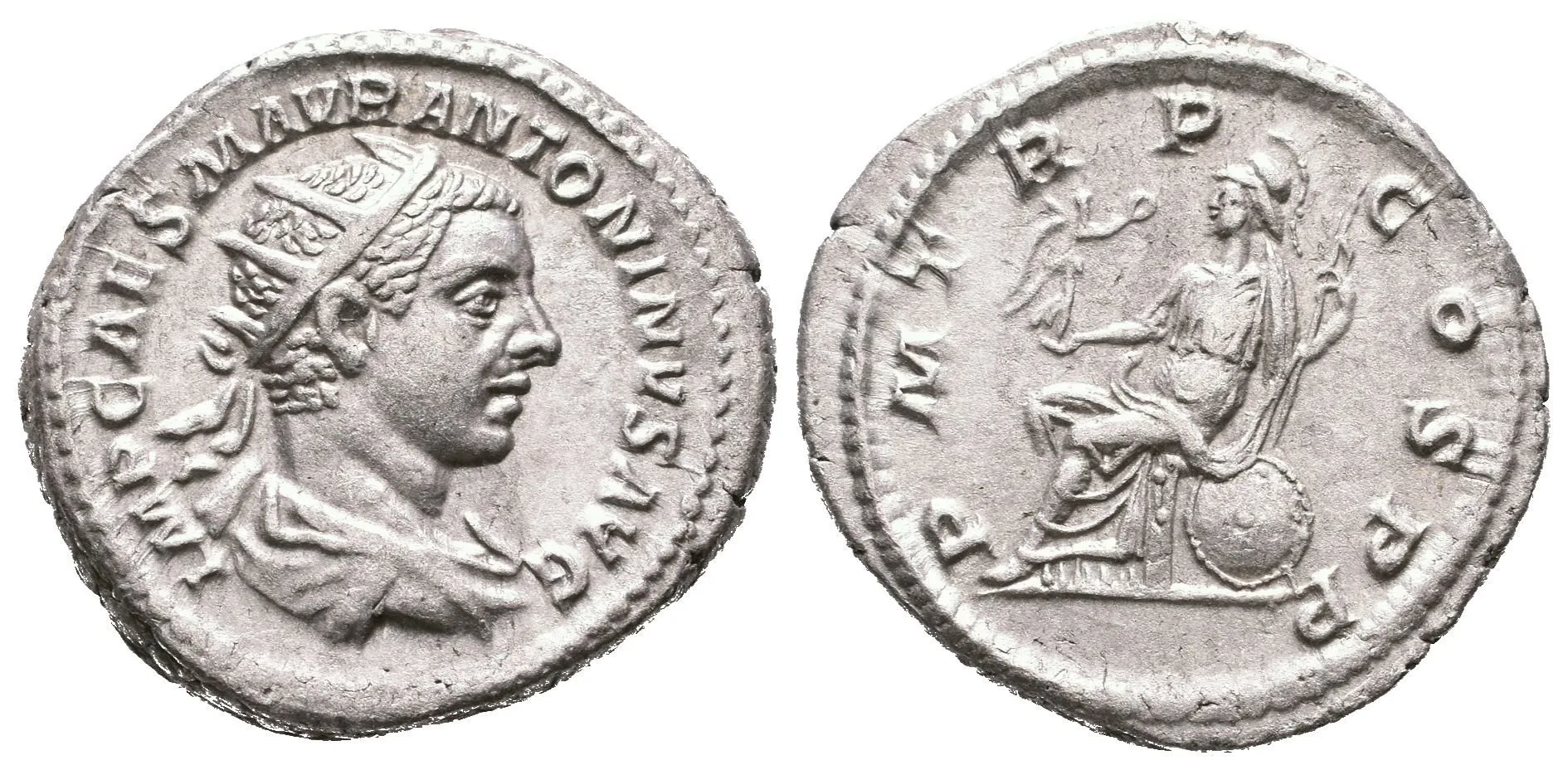 Antoninian, 218, Rv: P M TR P COS P P, sedící Roma zleva drží žezlo — 1