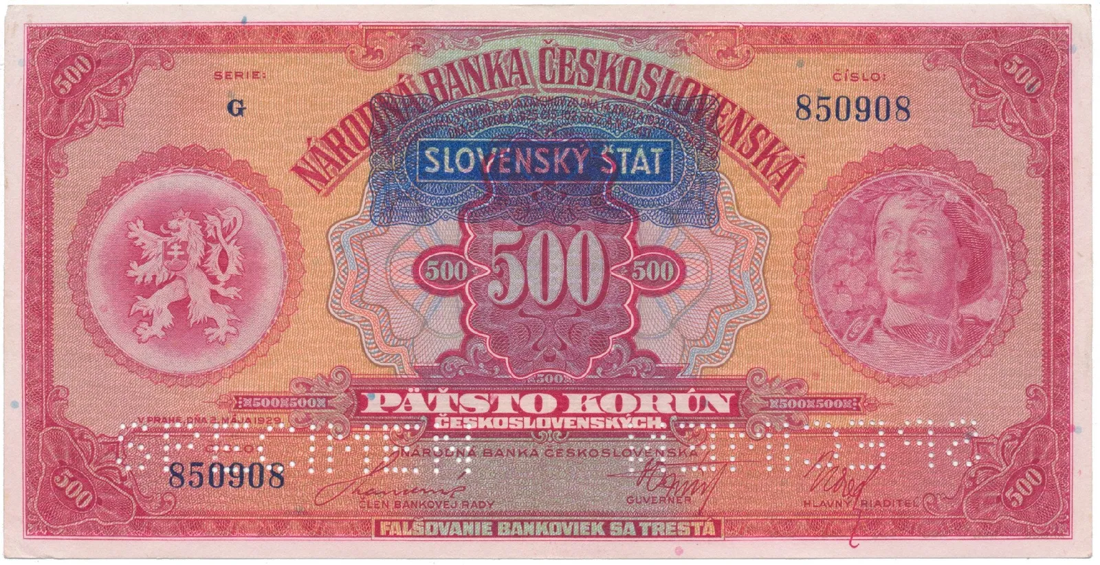 500 Koruna 1929/1939 + přetisk, série G, 2x SPECIMEN, Hej.44a.S2