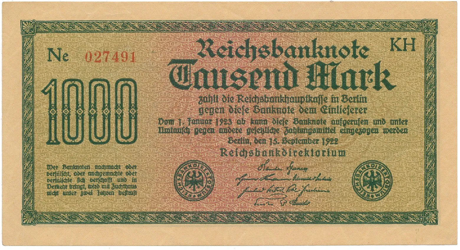 Německo, 1000 Mark 1922, vod. Dornen, Ro.75d
