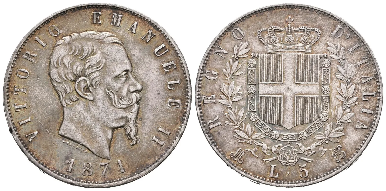5 Lira 1871 MBN, Milan, KM.8.3, pěkná zachovalost, tmavá patina, — 1
