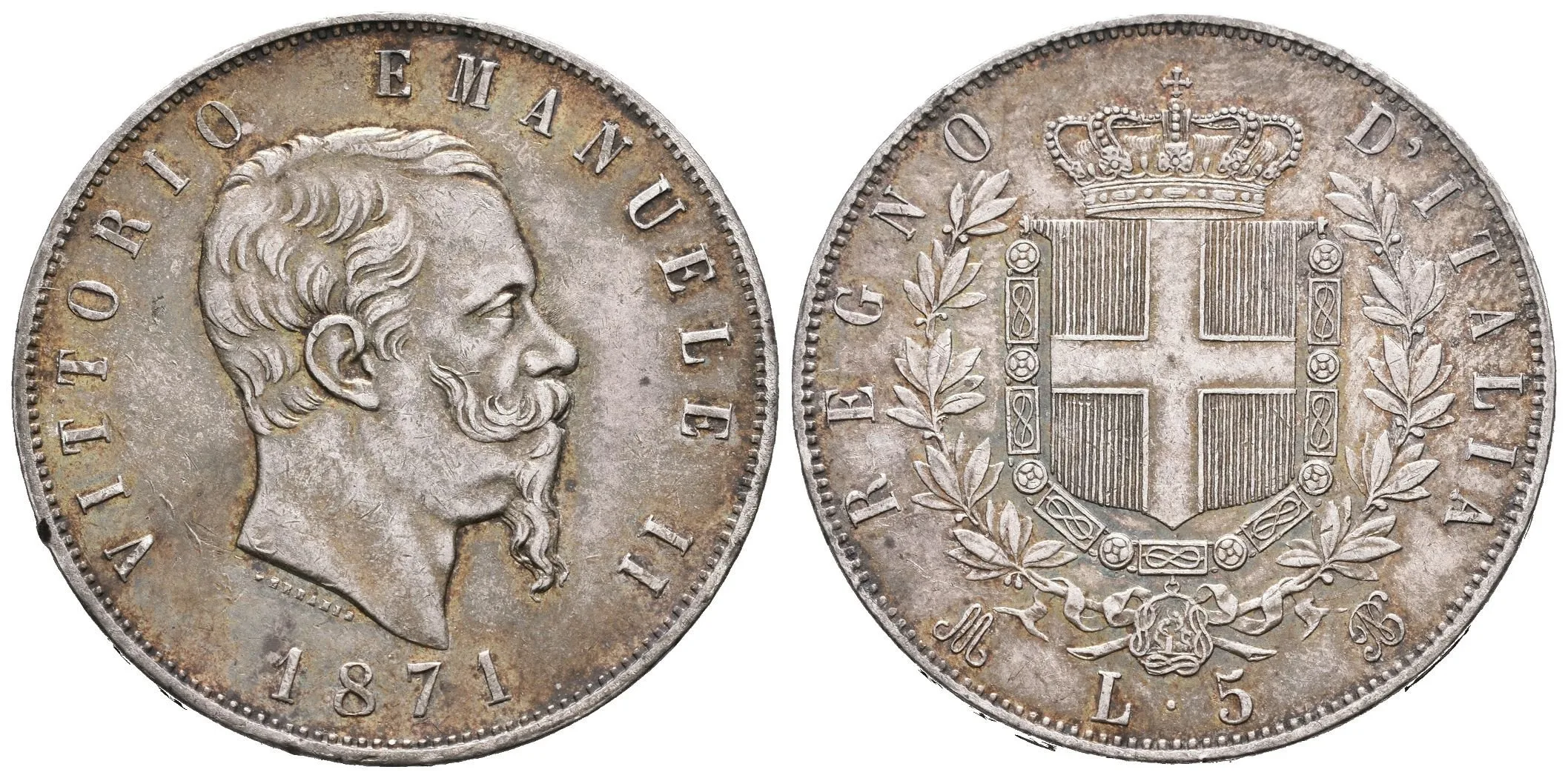 5 Lira 1871 MBN, Milan, KM.8.3, pěkná zachovalost, tmavá patina, — 1