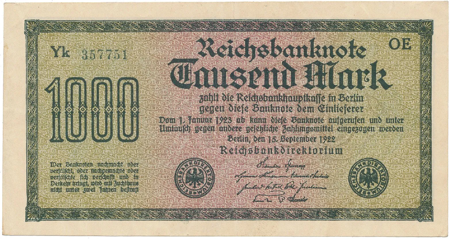 Německo, 1000 Mark 1922, vod. Hakensterne, zelené 6-místné číslo, Ro.75a