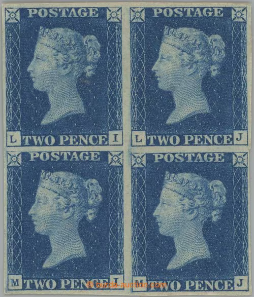 1840 SG.4, DS.8, TWO PENCE BLUE modrá, NEUPOTŘEBENÝ 4-BLOK s původním lepem (!), tisková deska 2, písmena LI-MJ; luxusní