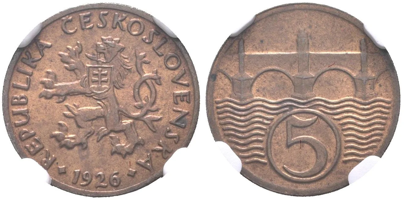 5 Haléř 1926, etue NGC, hodnocení MS 64 RB, — 1