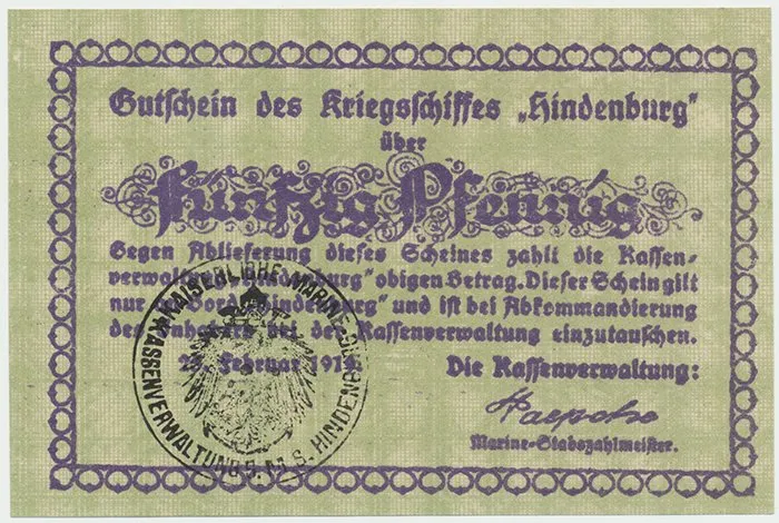 Německo - nouzovky, Křižník Hindenburg, 50 Pfennig 25. 2. 1919