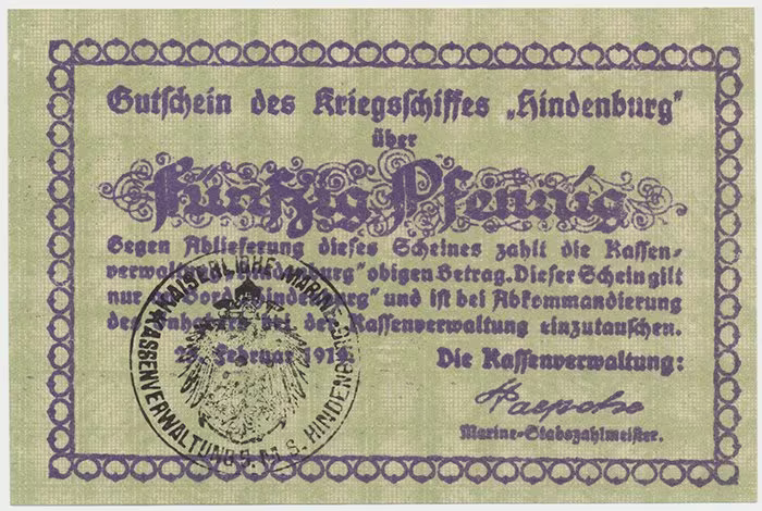 Německo - nouzovky, Křižník Hindenburg, 50 Pfennig 25. 2. 1919