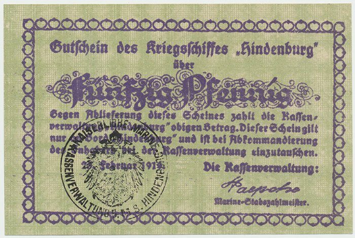 Německo - nouzovky, Křižník Hindenburg, 50 Pfennig 25. 2. 1919