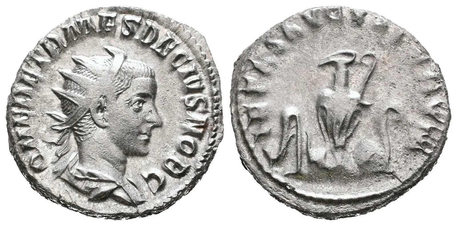 Antoninian, Rv: PIETAS AVGVSTORVM, aspergillum, simpulum, konvice, štít — 1