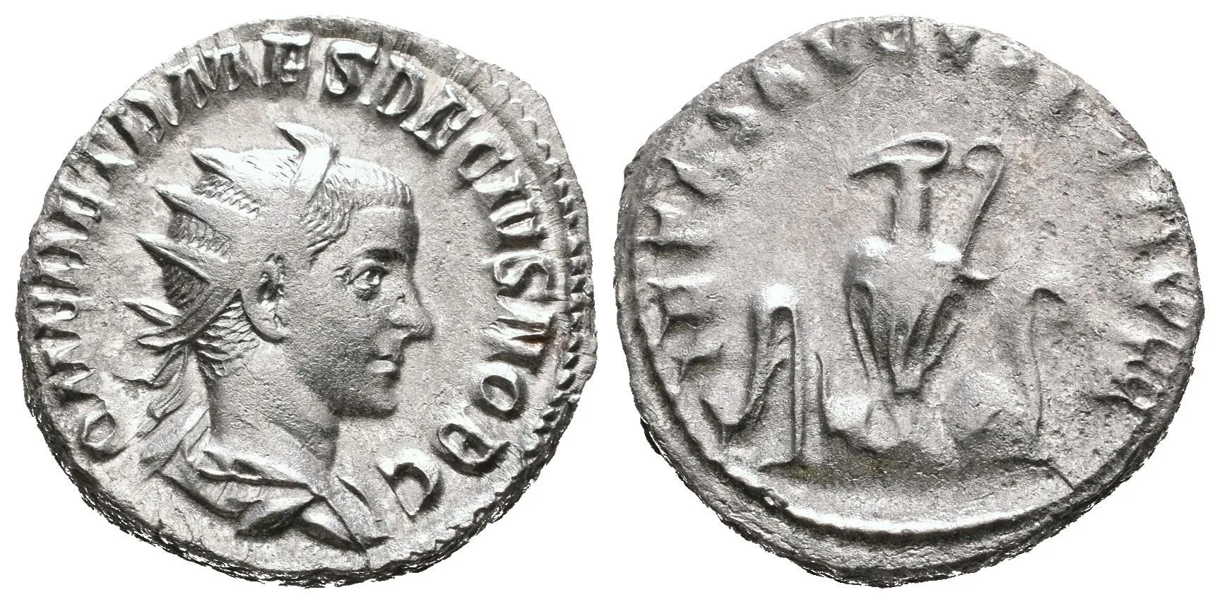 Antoninian, Rv: PIETAS AVGVSTORVM, aspergillum, simpulum, konvice, štít — 1
