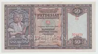 Slovensko, 50 Koruna 1940, perf. 1x SPECIMEN dole, Hej..50a.S2