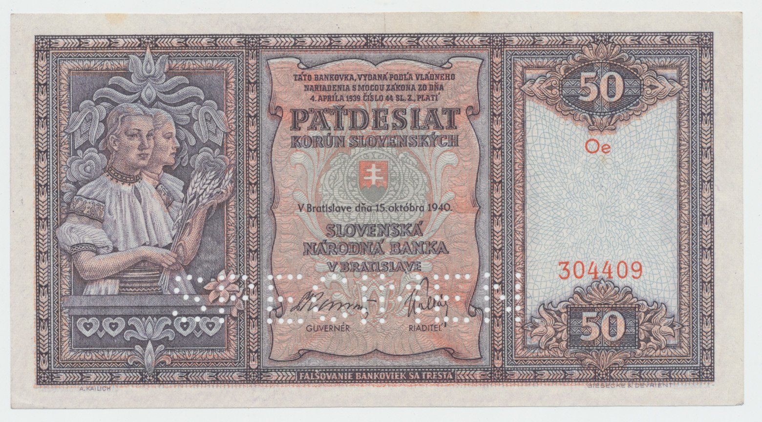 Slovensko, 50 Koruna 1940, perf. 1x SPECIMEN dole, Hej..50a.S2