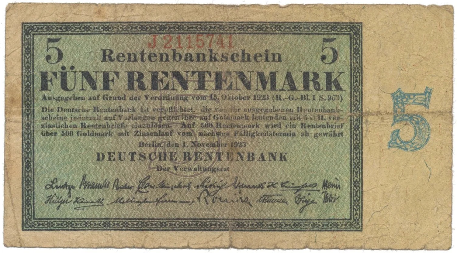 Německo, 5 Rentenmark 1923, Ro.156b
