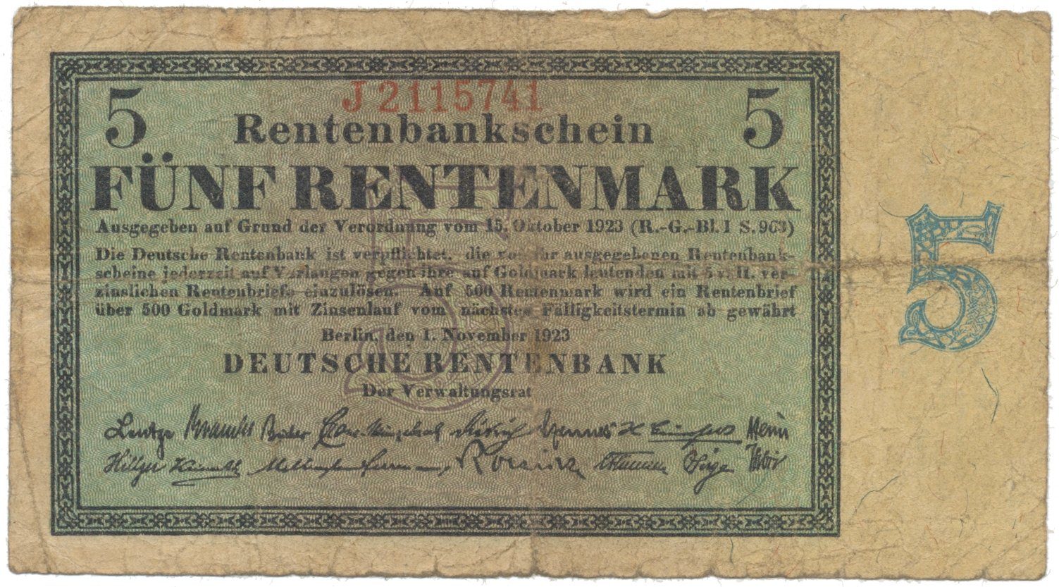 Německo, 5 Rentenmark 1923, Ro.156b