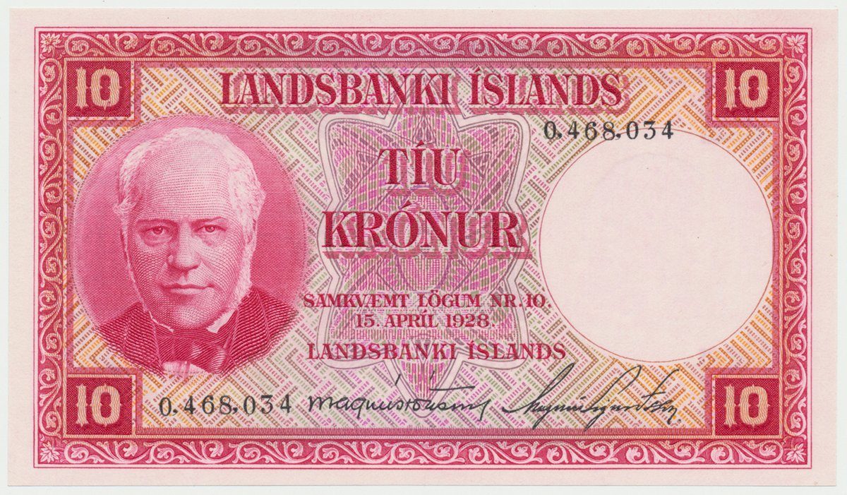 Island, 10 Krónur 1928, červená, P.33a