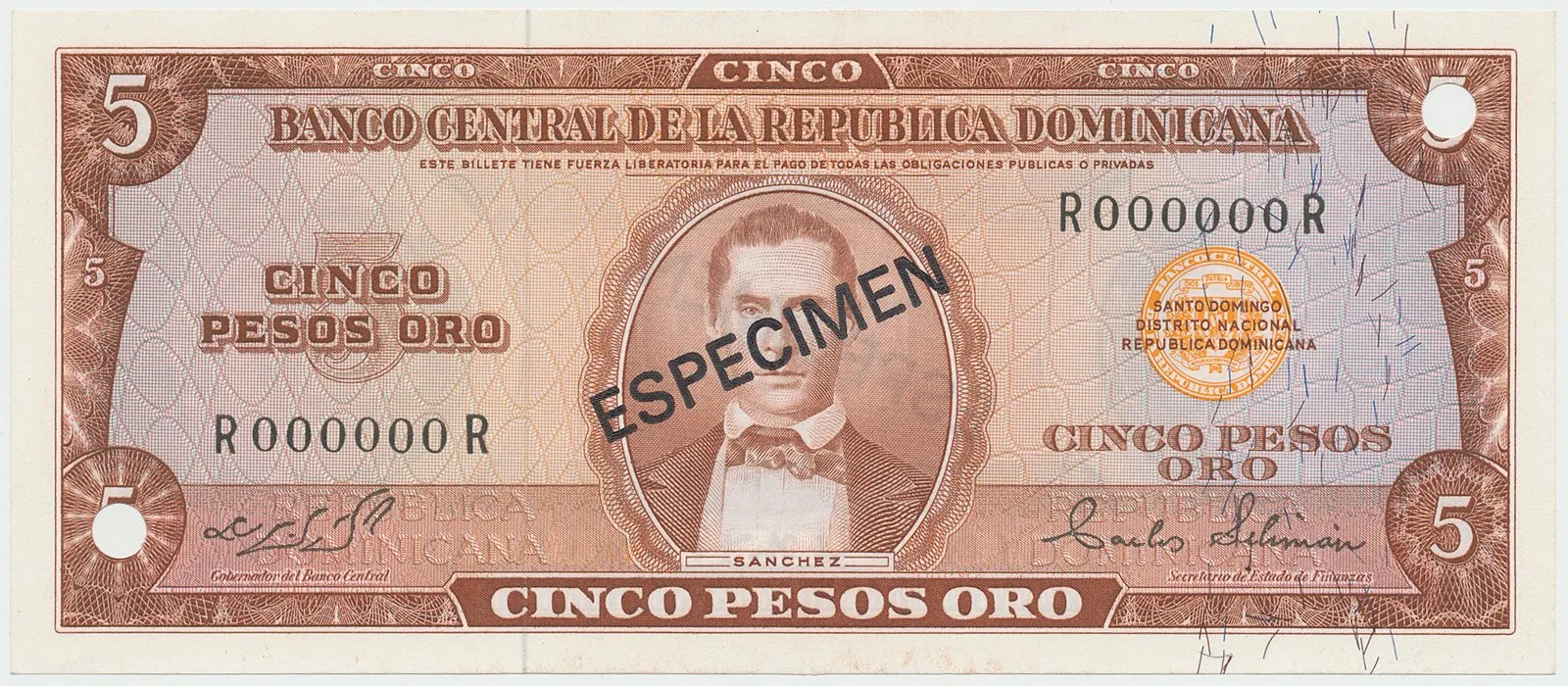Dominikánská republika, 5 Pesos Oro (1964~1974), bank. vzor, R000000R, přetisk 1x ESPECIMEN, P.100s2