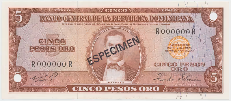 Dominikánská republika, 5 Pesos Oro (1964~1974), bank. vzor, R000000R, přetisk 1x ESPECIMEN, P.100s2