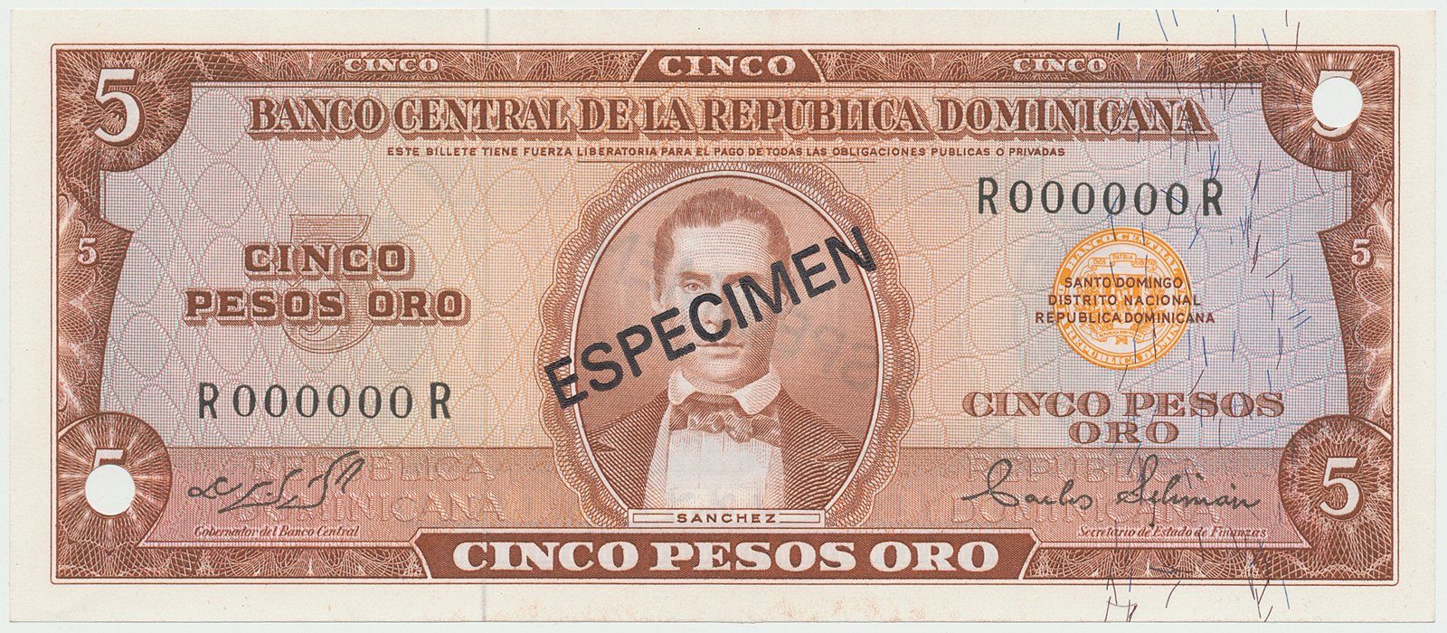 Dominikánská republika, 5 Pesos Oro (1964~1974), bank. vzor, R000000R, přetisk 1x ESPECIMEN, P.100s2