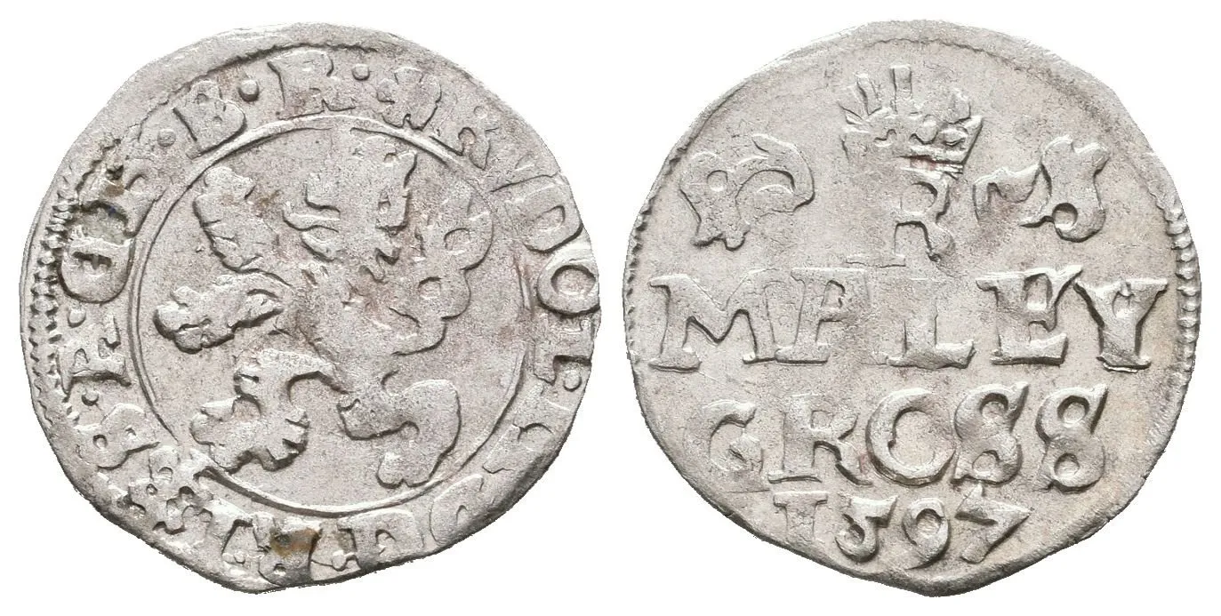 Malý groš 1597, Praha-Erckerová, HN.38b (opis 7a), pěkná zachovalost, patina, — 1
