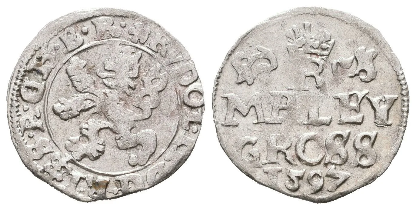Malý groš 1597, Praha-Erckerová, HN.38b (opis 7a), pěkná zachovalost, patina, — 1