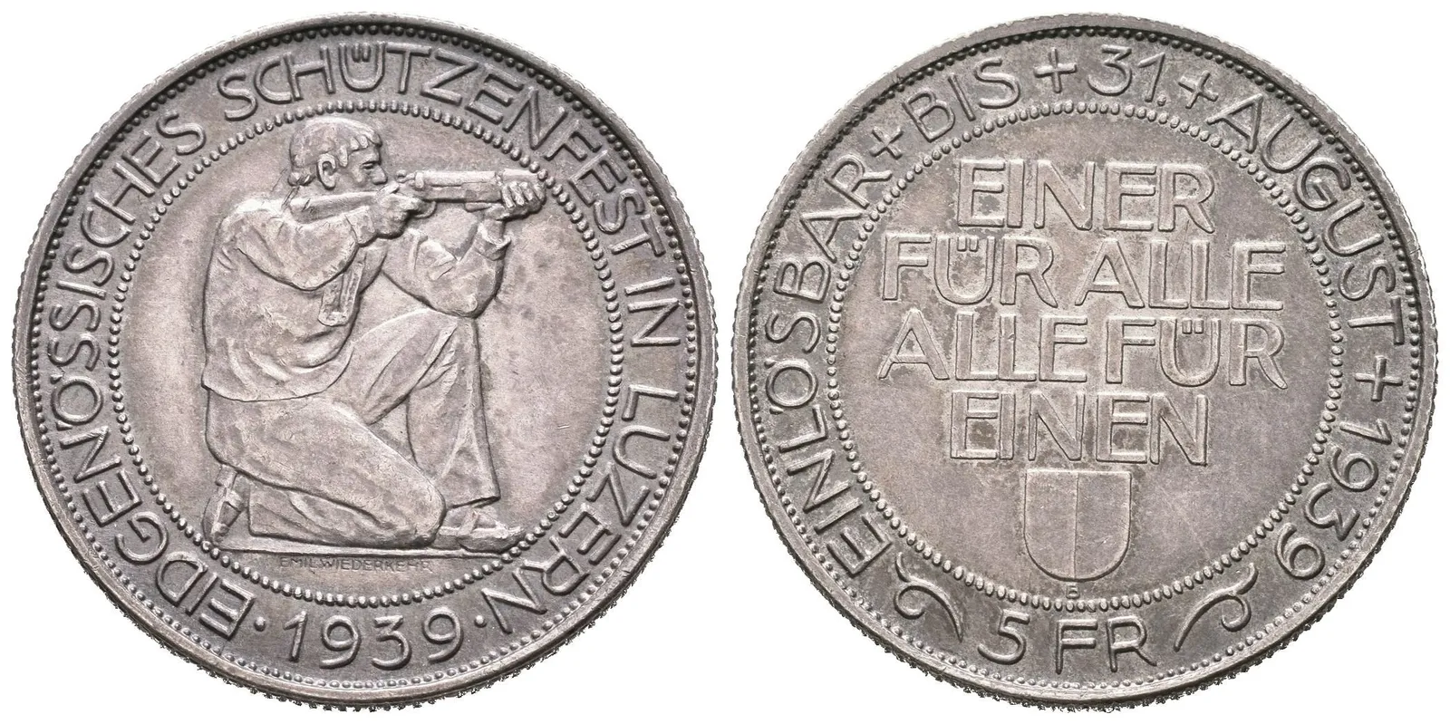 5 Frank 1939 - Střelby v Luzernu (raženo 40000 ks), KM.S20, — 1