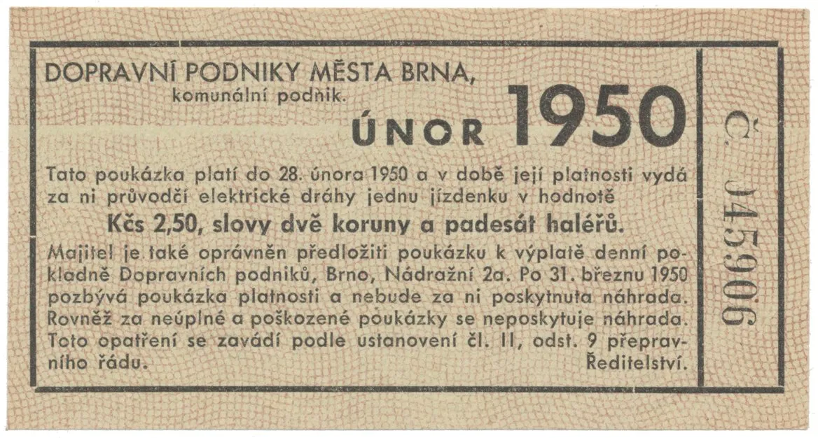Brno - elektrické dráhy, 2.50 Kčs únor 1950, HH.16.1.13a