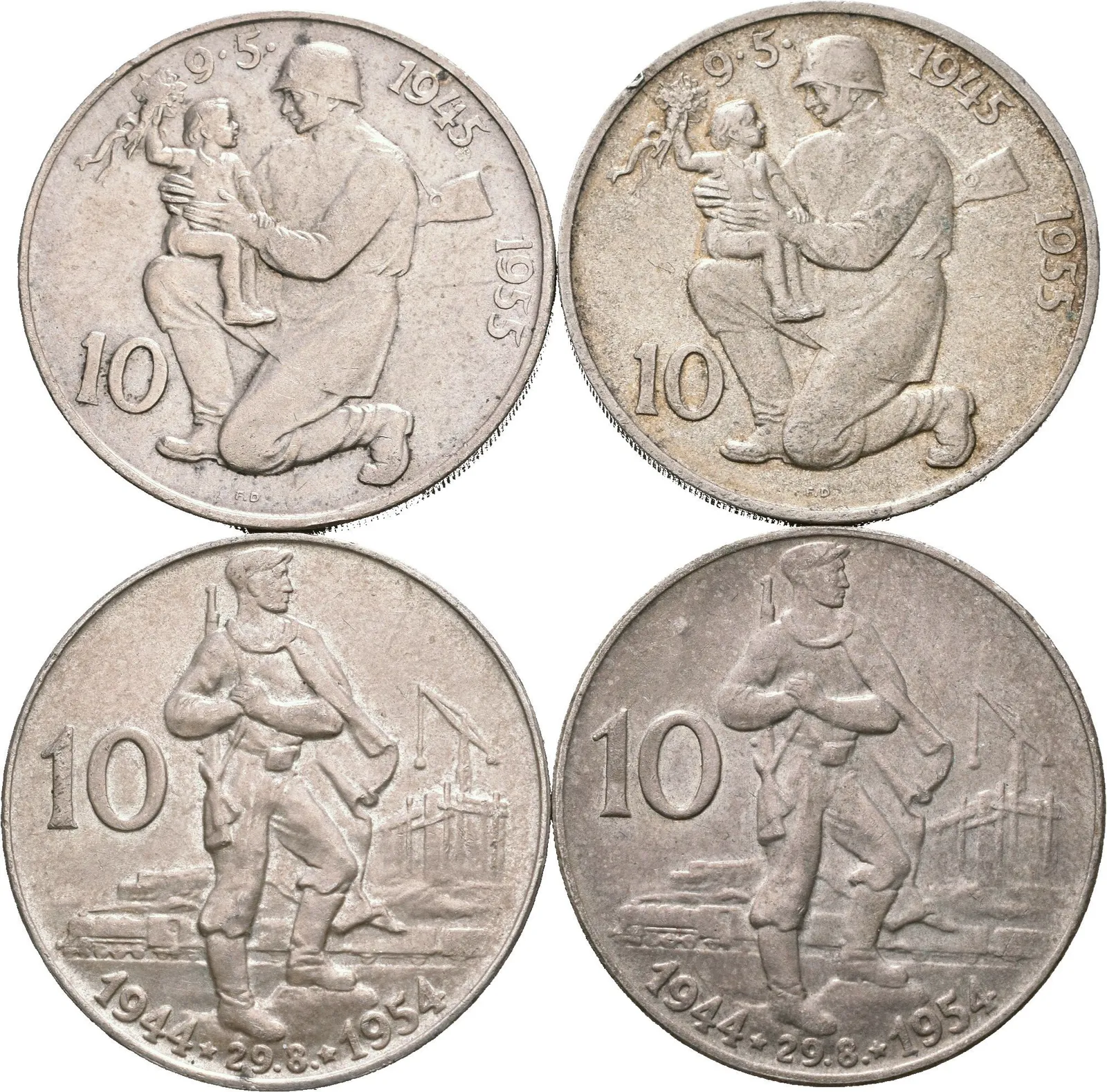 10 Kčs 1954 a 1955 - Slovenské národní povstání a Osvobození, patina_4 ks — 1