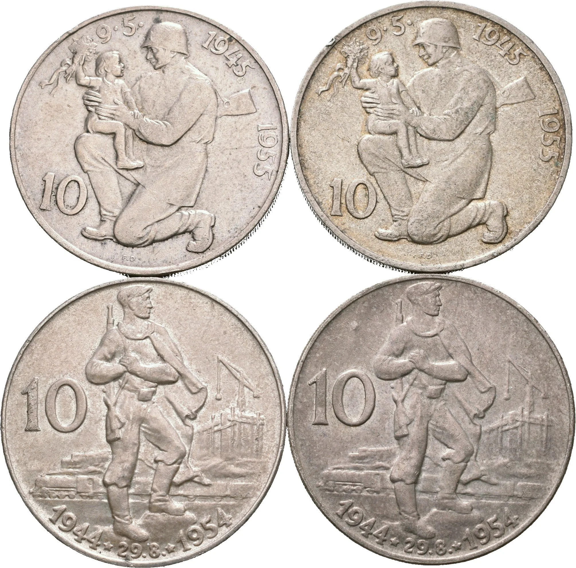 10 Kčs 1954 a 1955 - Slovenské národní povstání a Osvobození, patina_4 ks — 1