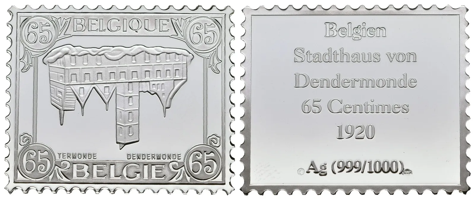 Stříbrná známka - Belgie - Obrácená Dendermonde - 1920 - Ag 8 g - 999/1000