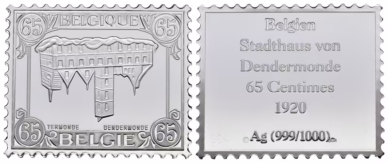 Stříbrná známka - Belgie - Obrácená Dendermonde - 1920 - Ag 8 g - 999/1000