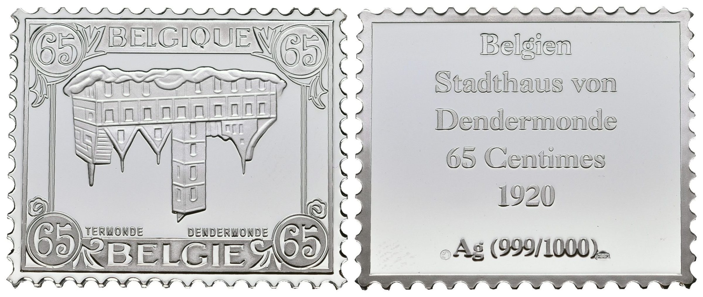 Stříbrná známka - Belgie - Obrácená Dendermonde - 1920 - Ag 8 g - 999/1000