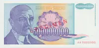 Jugoslávie, 500.000.000 Dinara 1993, anulát AA 0000000, razítko SPECIMEN, P.134