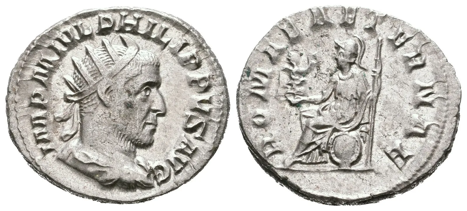 Antoninian, 244 - 247, Rv: ROMAE AETERNAE, sedící Roma zleva drží Victorii a žezlo, — 1