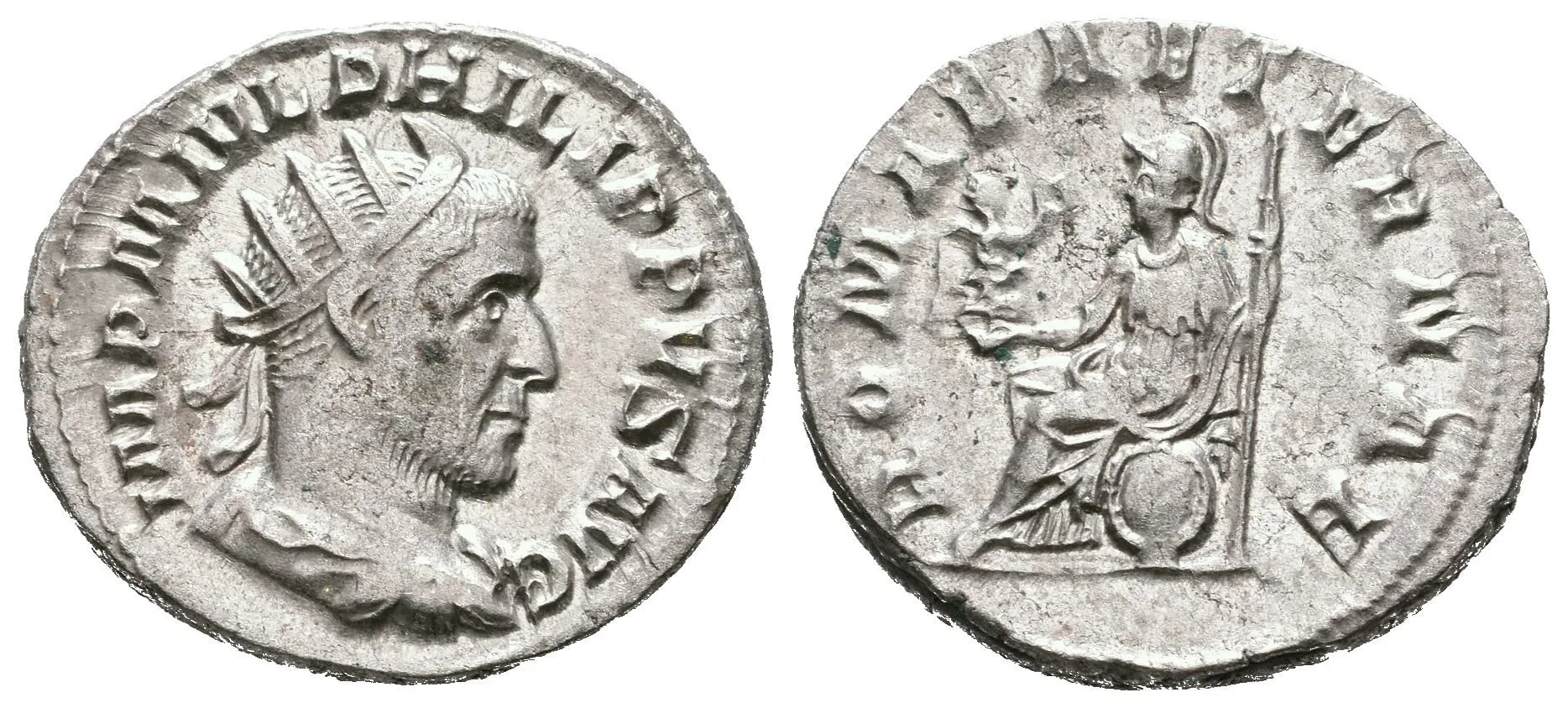 Antoninian, 244 - 247, Rv: ROMAE AETERNAE, sedící Roma zleva drží Victorii a žezlo, — 1