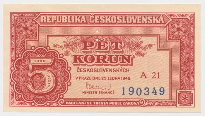 Československo, 5 Koruna 1949, série A10-99, perf. 3 md svisle, Hej.83bS1