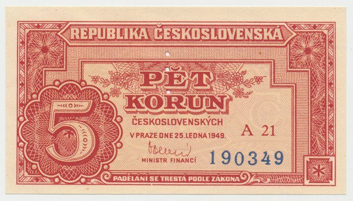Československo, 5 Koruna 1949, série A10-99, perf. 3 md svisle, Hej.83bS1