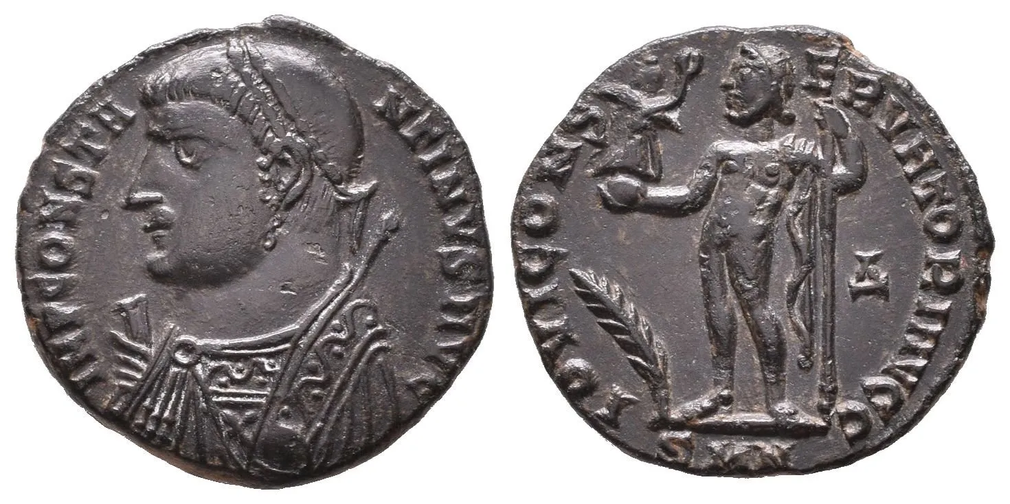 AE 3, Nicomedia, 317 - 320, Rv: IOVI CONSERVATORI AVGG, Jupiter stojící — 1