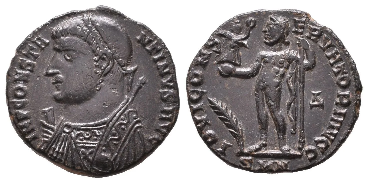 AE 3, Nicomedia, 317 - 320, Rv: IOVI CONSERVATORI AVGG, Jupiter stojící — 1