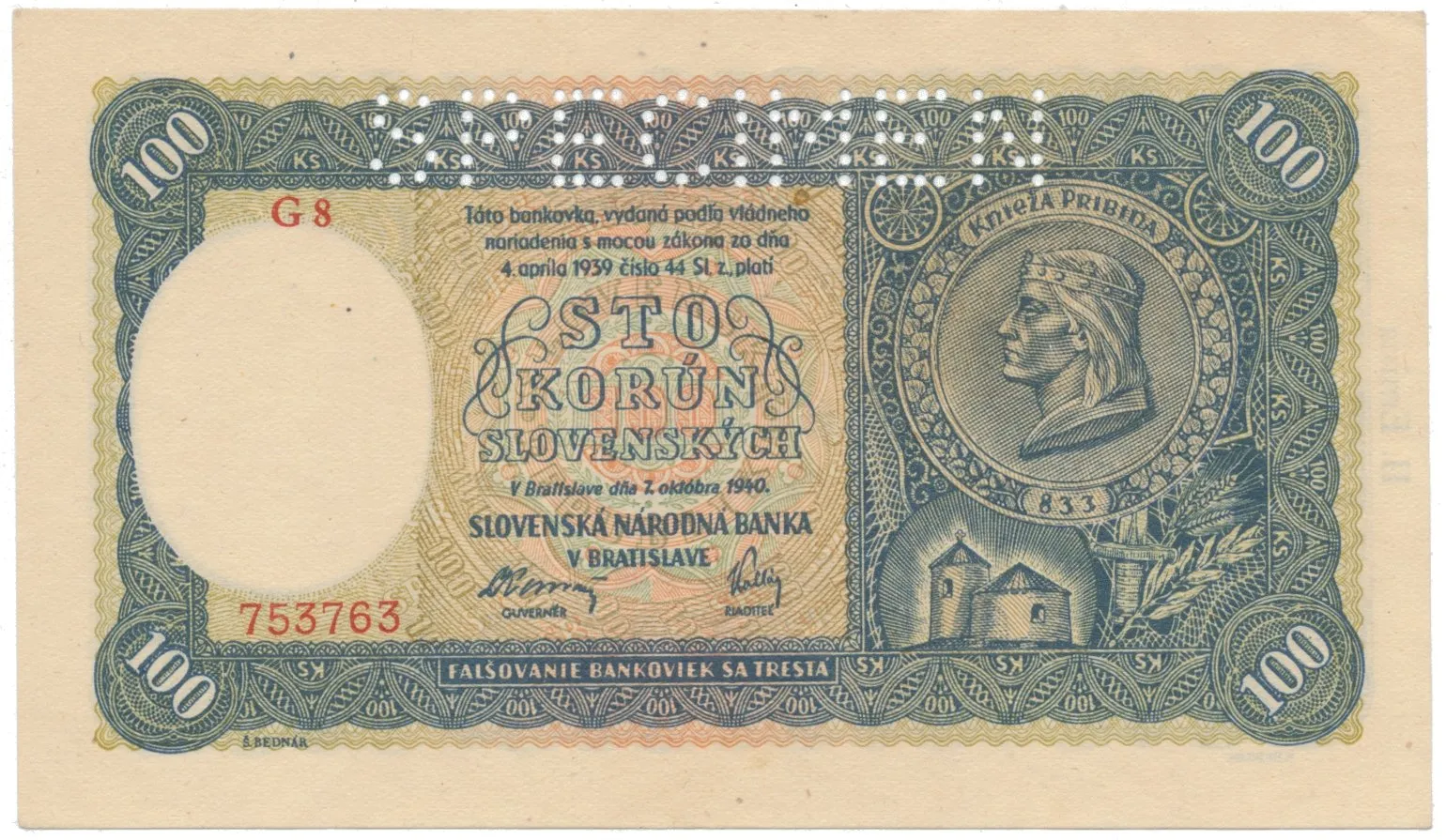 100 Koruna 1940, II. vydání, různé série, Hej.49a1.S1