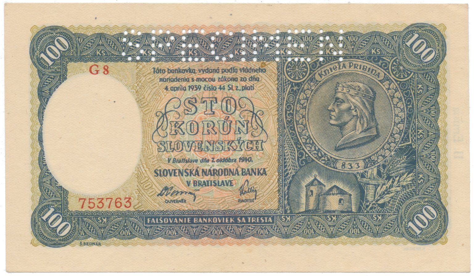 100 Koruna 1940, II. vydání, různé série, Hej.49a1.S1