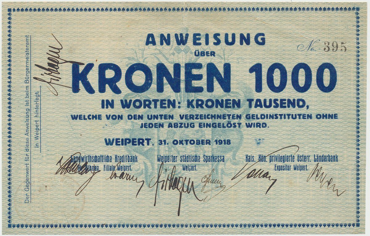 Weipert (Vejprty) - peněžní ústavy, 1000 K  1. 10. 1918, HH.248.2.2a