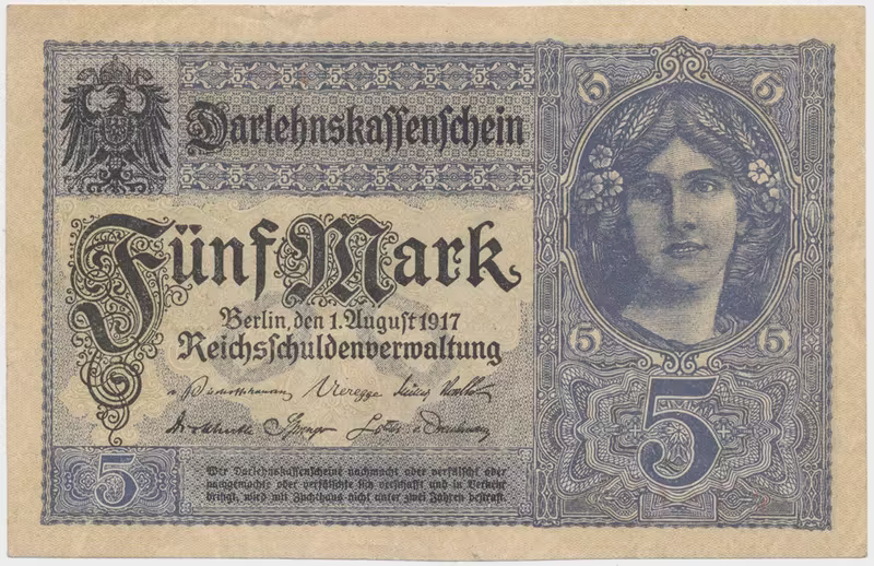 Německo, 5 Mark 1917, 8-místný číslovač, Ro.54c