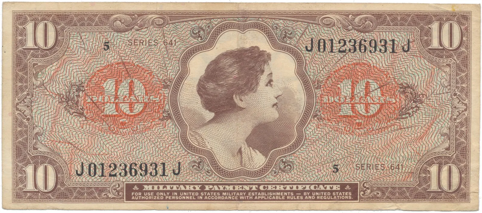 USA, vojenské vydání MPC, 10 Dollars (1965), P.M62