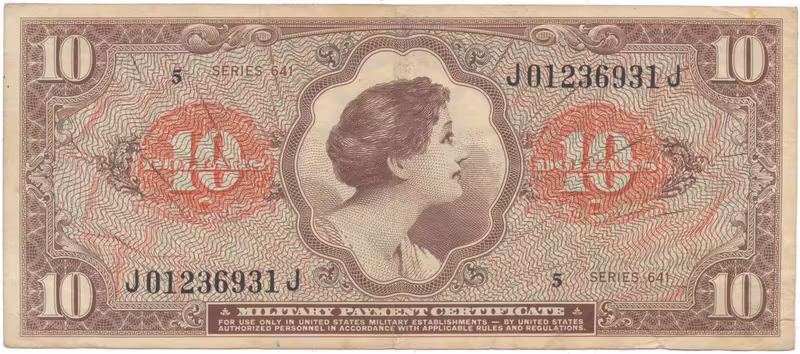 USA, vojenské vydání MPC, 10 Dollars (1965), P.M62