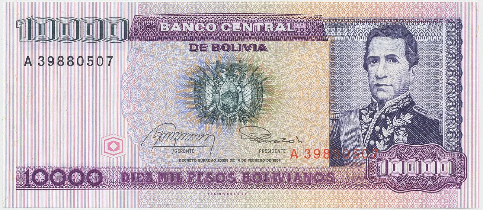Bolívie, 10.000 Pesos Bolivianos 1984, P.169