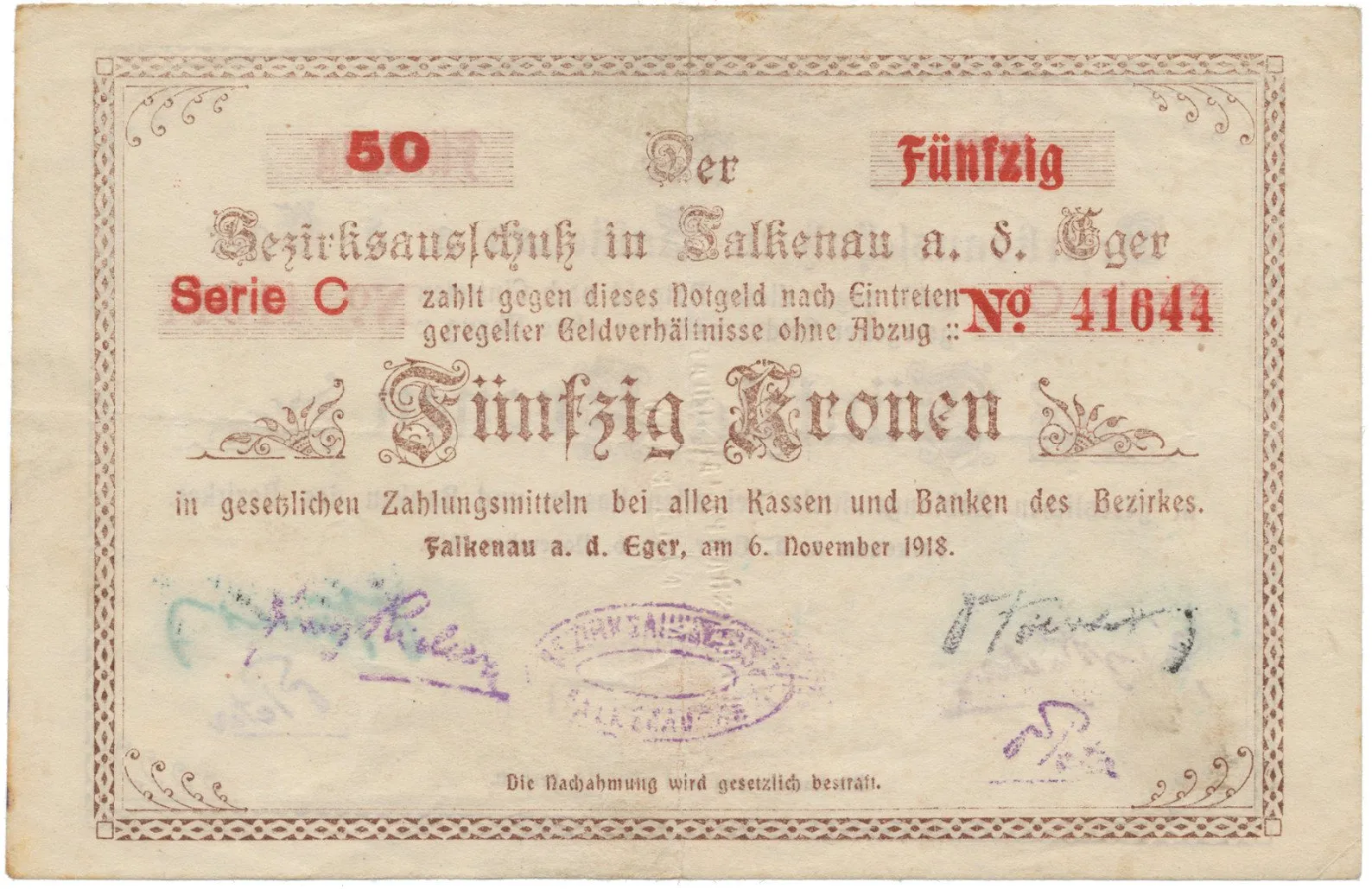 Falkenau (Falknov) - okres, 50 K 1918, HH.46.1.8b