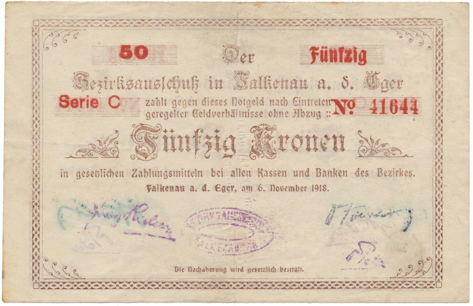 Falkenau (Falknov) - okres, 50 K 1918, HH.46.1.8b