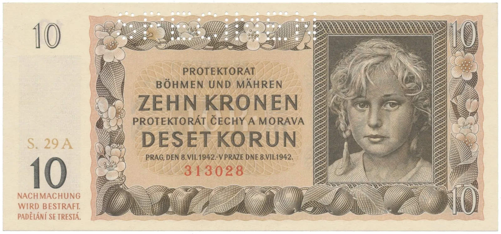 10 Koruna 1942, série A, SPECIMEN, Hej.37a.S1